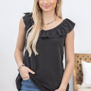 Heimish Black Ruffled Ribbed Knit Women's Top
